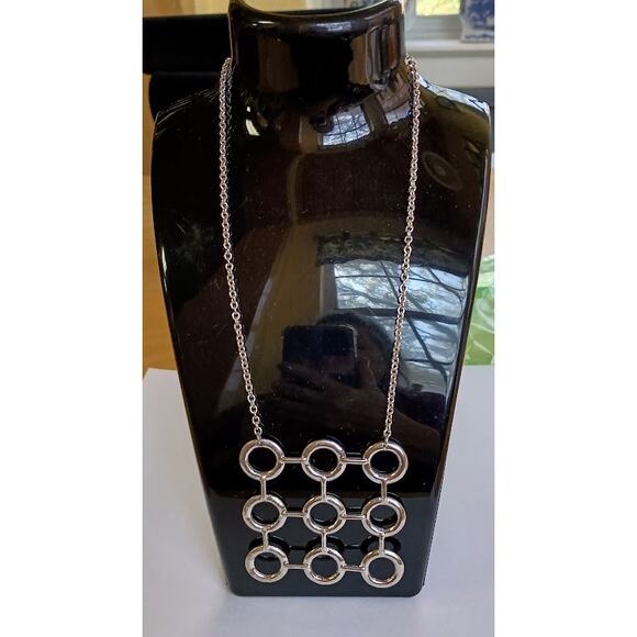 Pendant Choker Necklace Silver-Plated 3 Rows Circle Link Square 16" - Picture 1 of 8